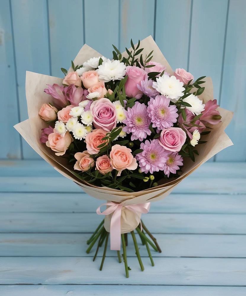 Букет цветов из: Хризантемы, Розы и Альстромерии в Рыбхоз