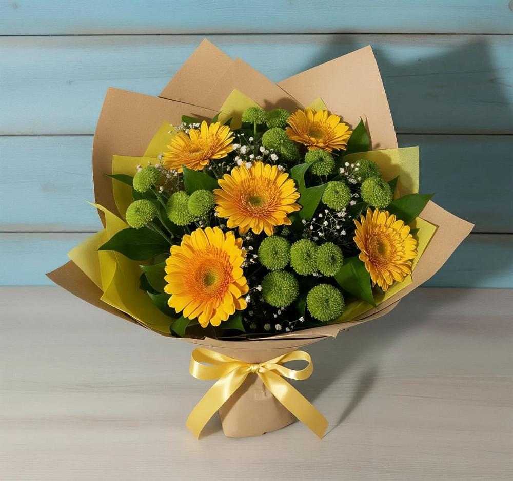 Букет цветов из: Герберы и Хризантемы в Рыбхоз