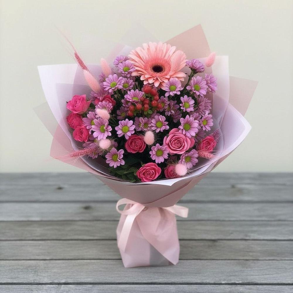 Букет цветов из: Розы, Герберы и Хризантемы в Рыбхоз