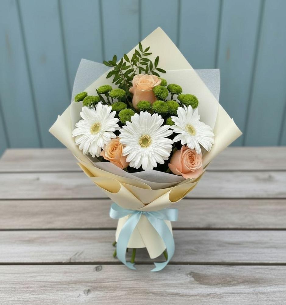 Букет цветов из: Герберы, Розы и Хризантемы в Рыбхоз