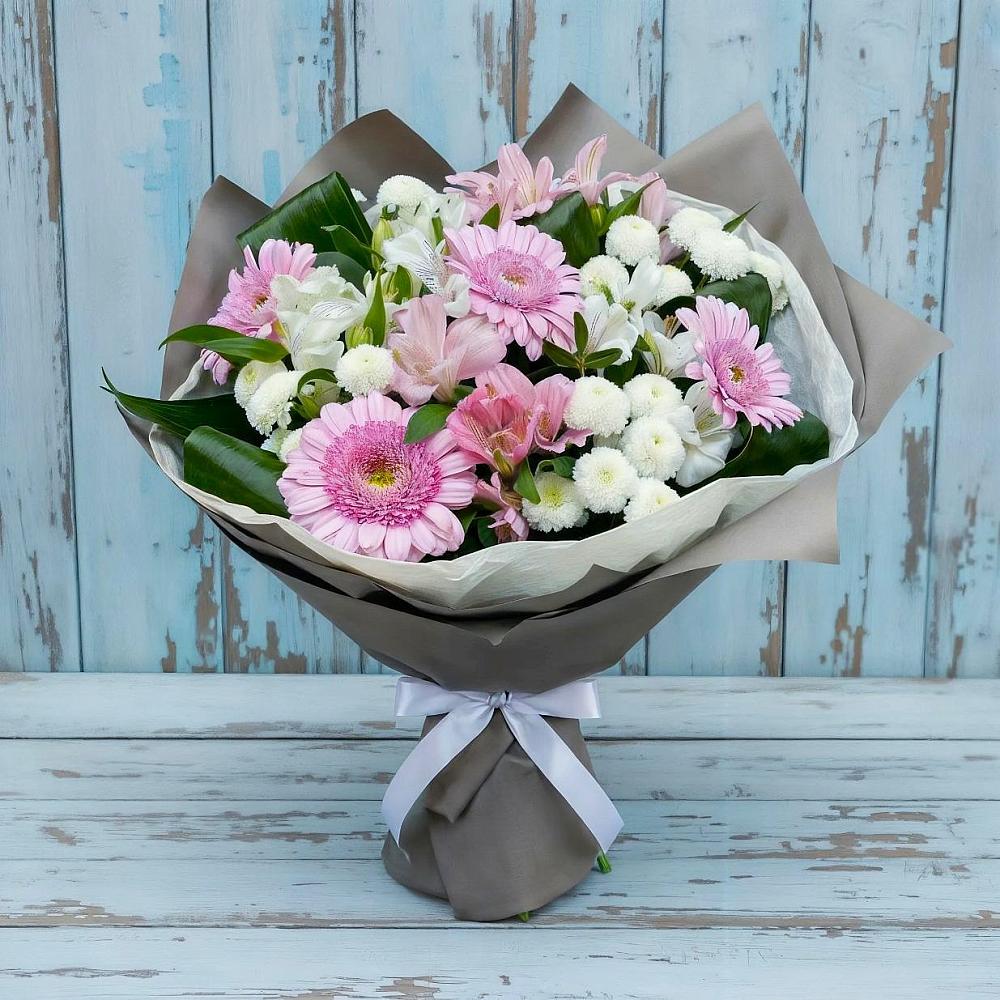 Букет цветов из: Герберы, Альстромерии и Хризантемы в Рыбхоз
